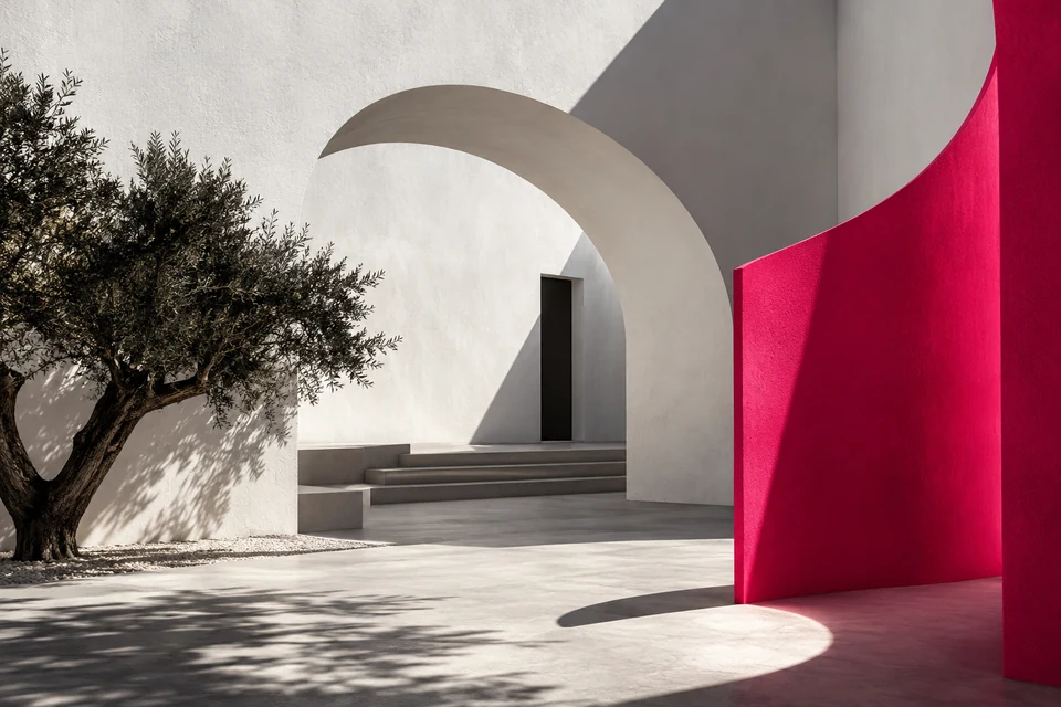 Composición arquitectónica de luz, sombra y un acento rosa